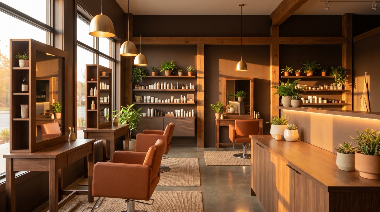 Warm terracotta and espresso salon interior with champagne-gold lighting at Essence of Beauty