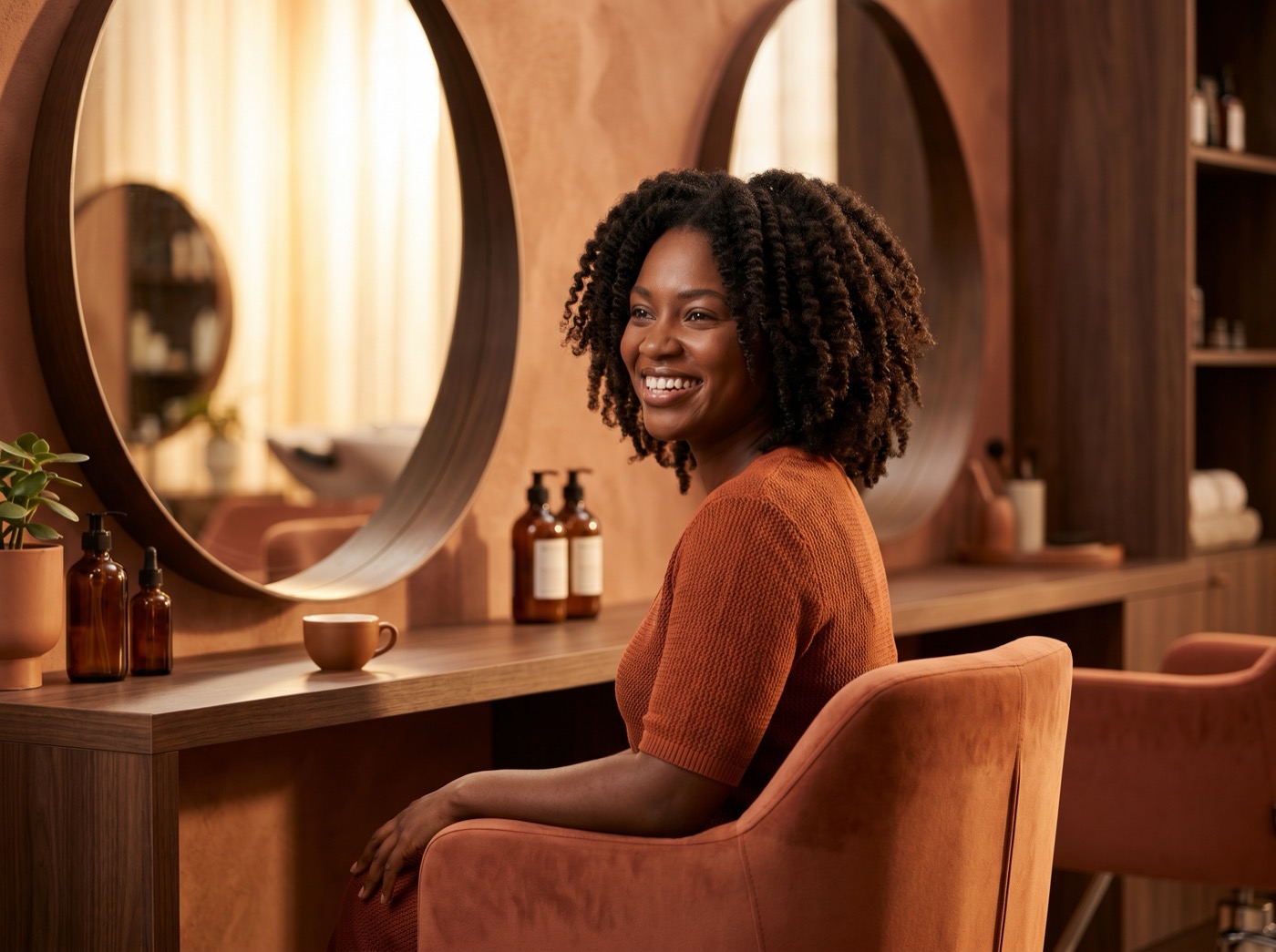 Joyful Black woman with voluminous twist-out natural style at Essence of Beauty terracotta styling station