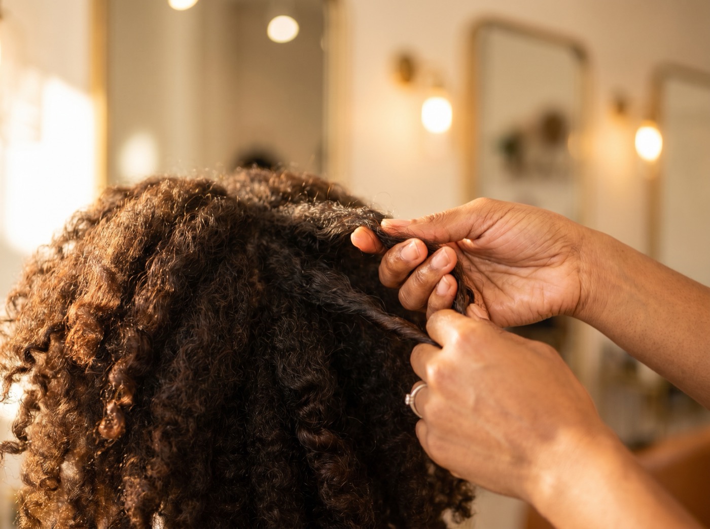 Stylist hands mid-style working through client's natural hair — Angela McFadden-Head at work